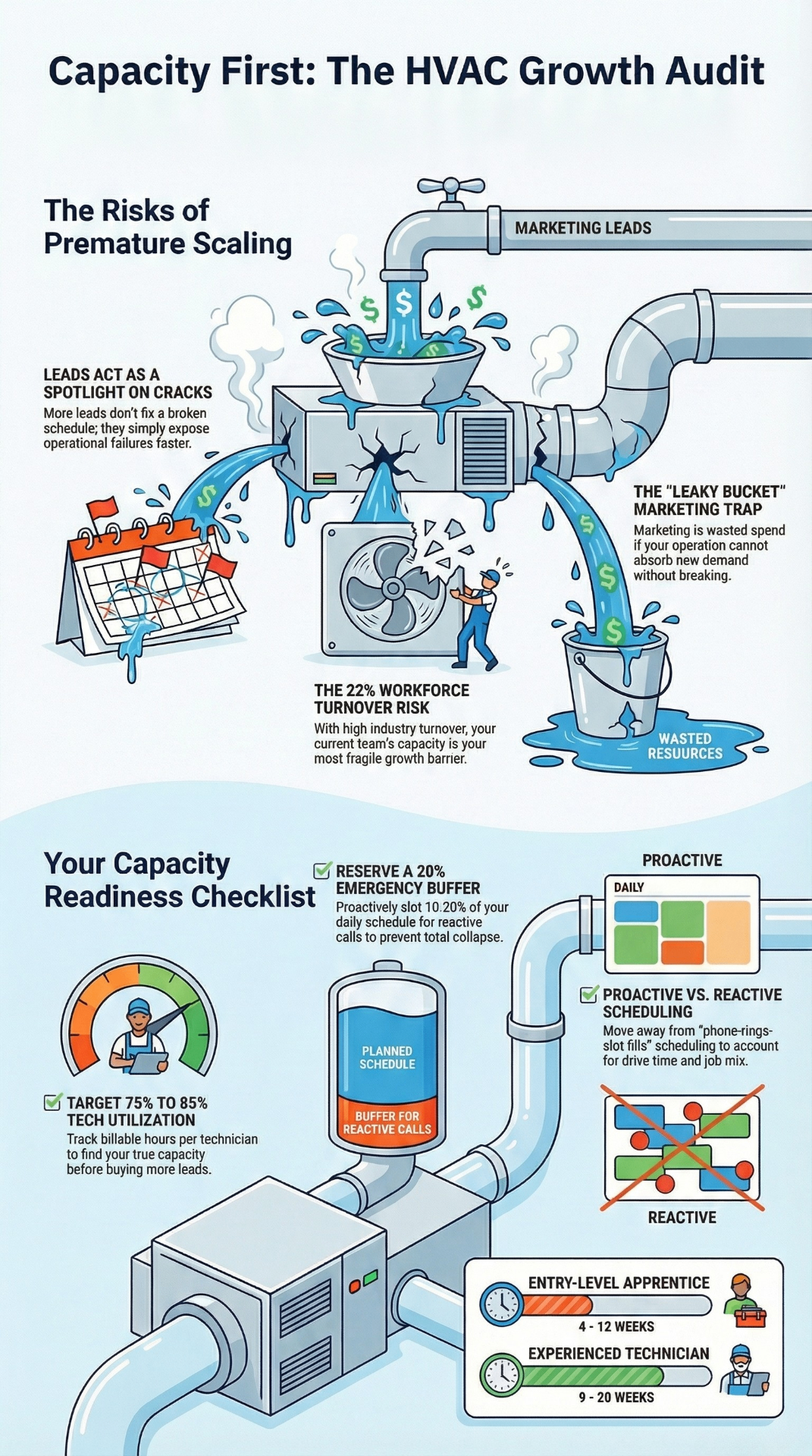 Infographic: Capacity First — The HVAC Growth Audit, covering risks of premature scaling, the leaky bucket marketing trap, 22% workforce turnover risk, and your capacity readiness checklist