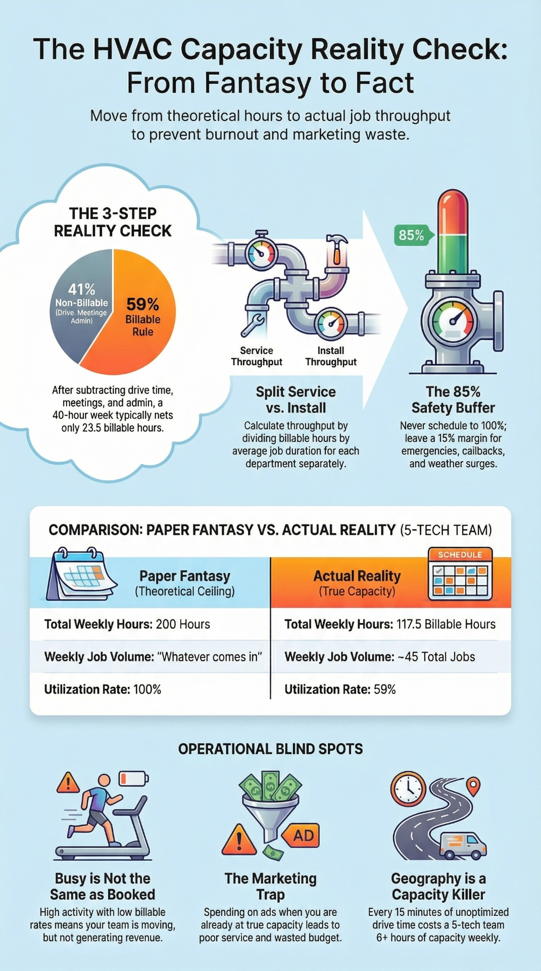 The HVAC Capacity Reality Check infographic showing the 3-step reality check, paper fantasy vs actual reality comparison for a 5-tech team, and operational blind spots