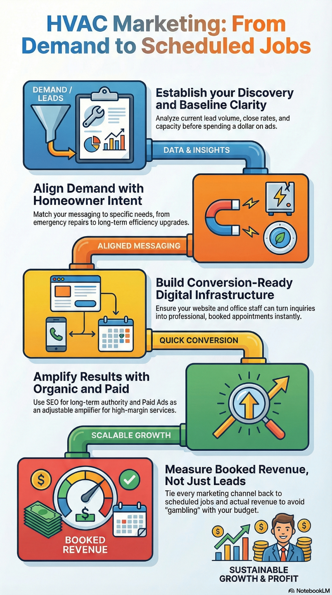 HVAC Marketing: From Demand to Scheduled Jobs — infographic showing the five phases: discovery and baseline clarity, aligned messaging, conversion infrastructure, scalable growth, and booked revenue