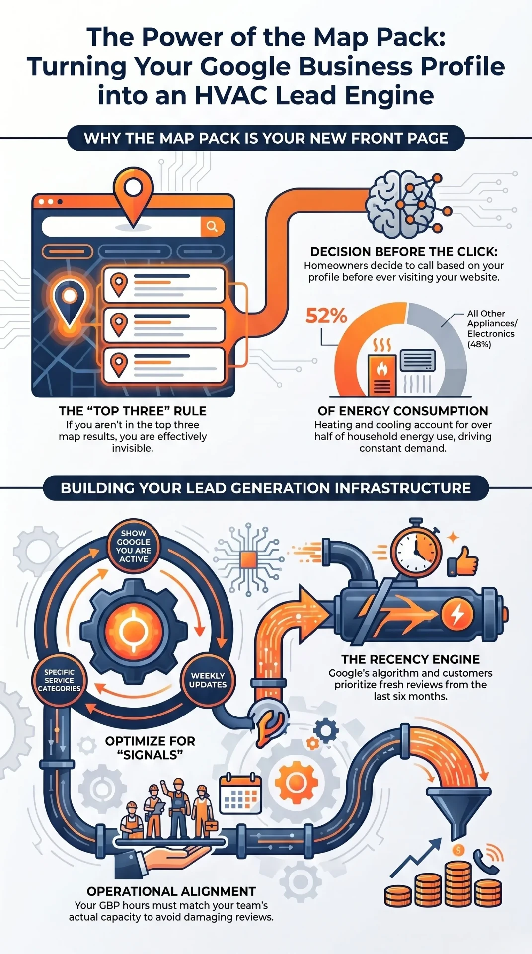 The Power of the Map Pack infographic: turning your Google Business Profile into an HVAC lead engine through map pack visibility, recency signals, and operational alignment