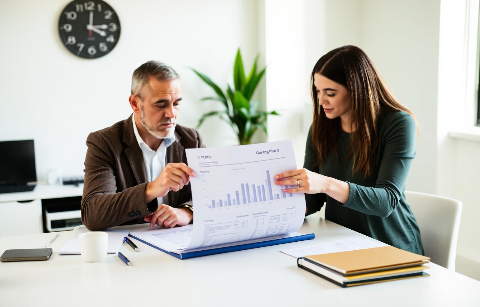HVAC business owner reviewing a printed growth plan with a marketing strategist