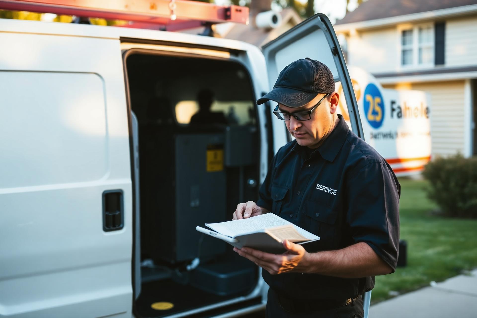 HVAC technician reviewing service notes beside a service van