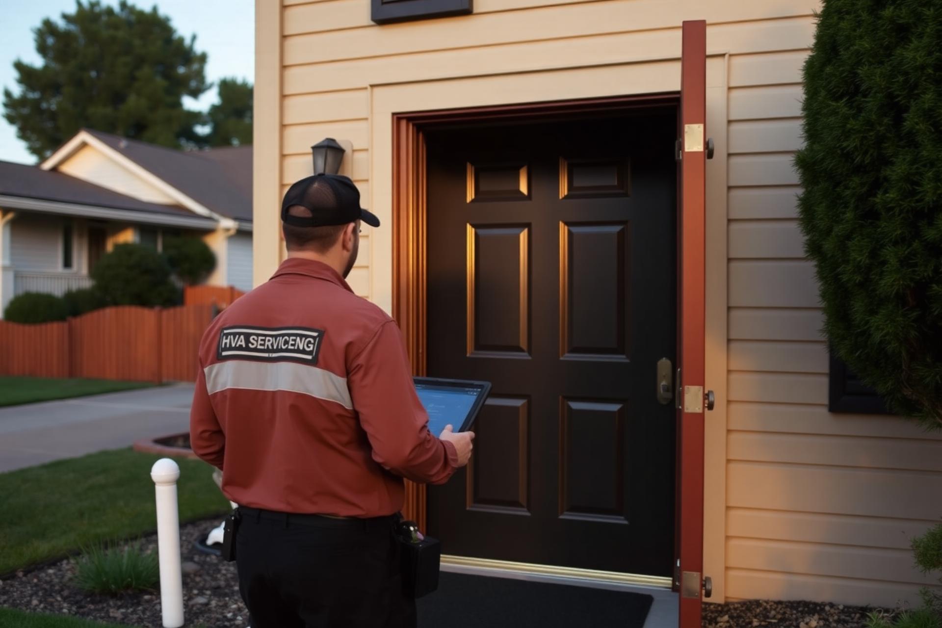 HVAC technician arriving at a residential home for a service call