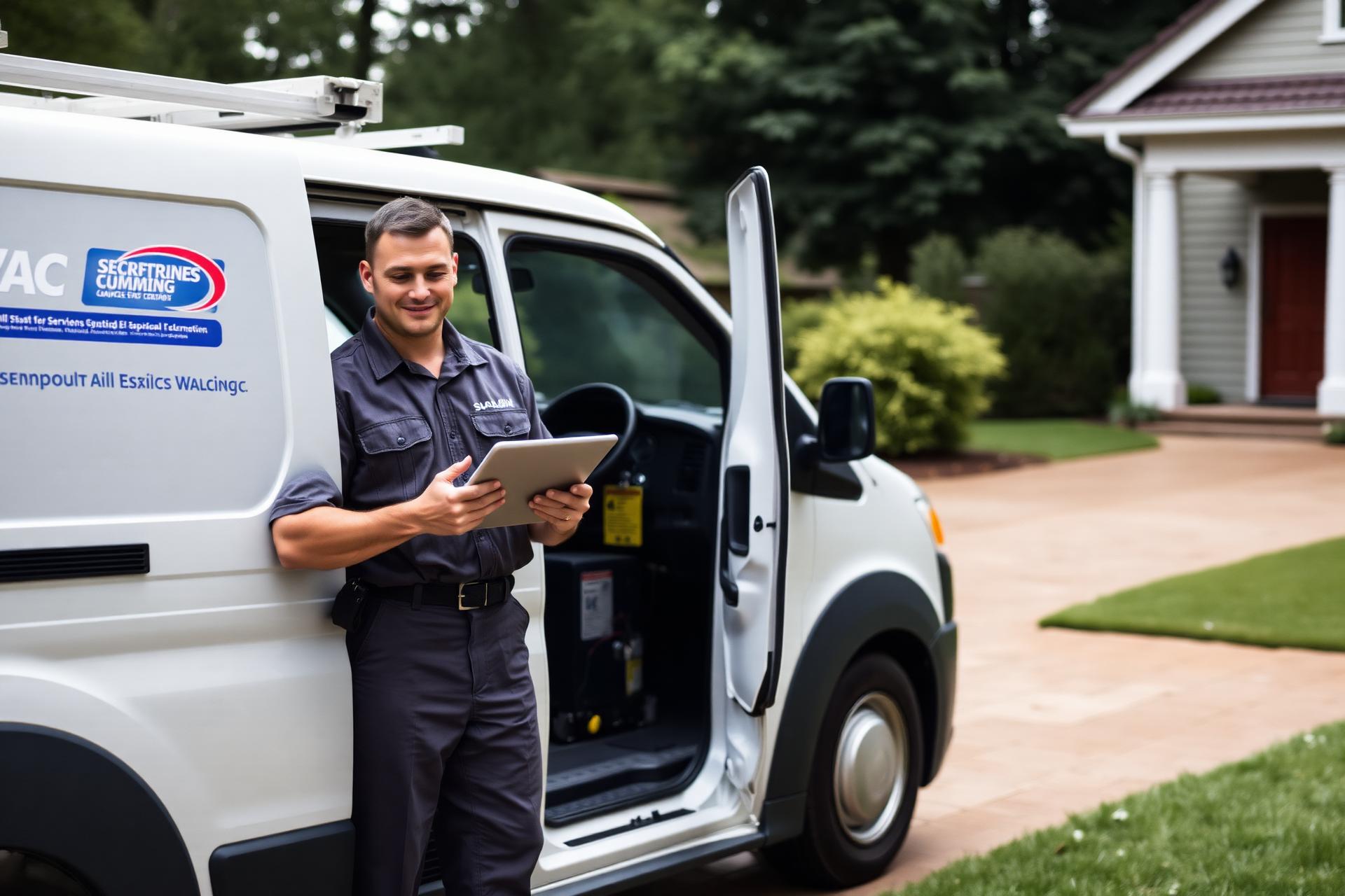 HVAC technician reviewing a tablet beside a service van in a residential driveway