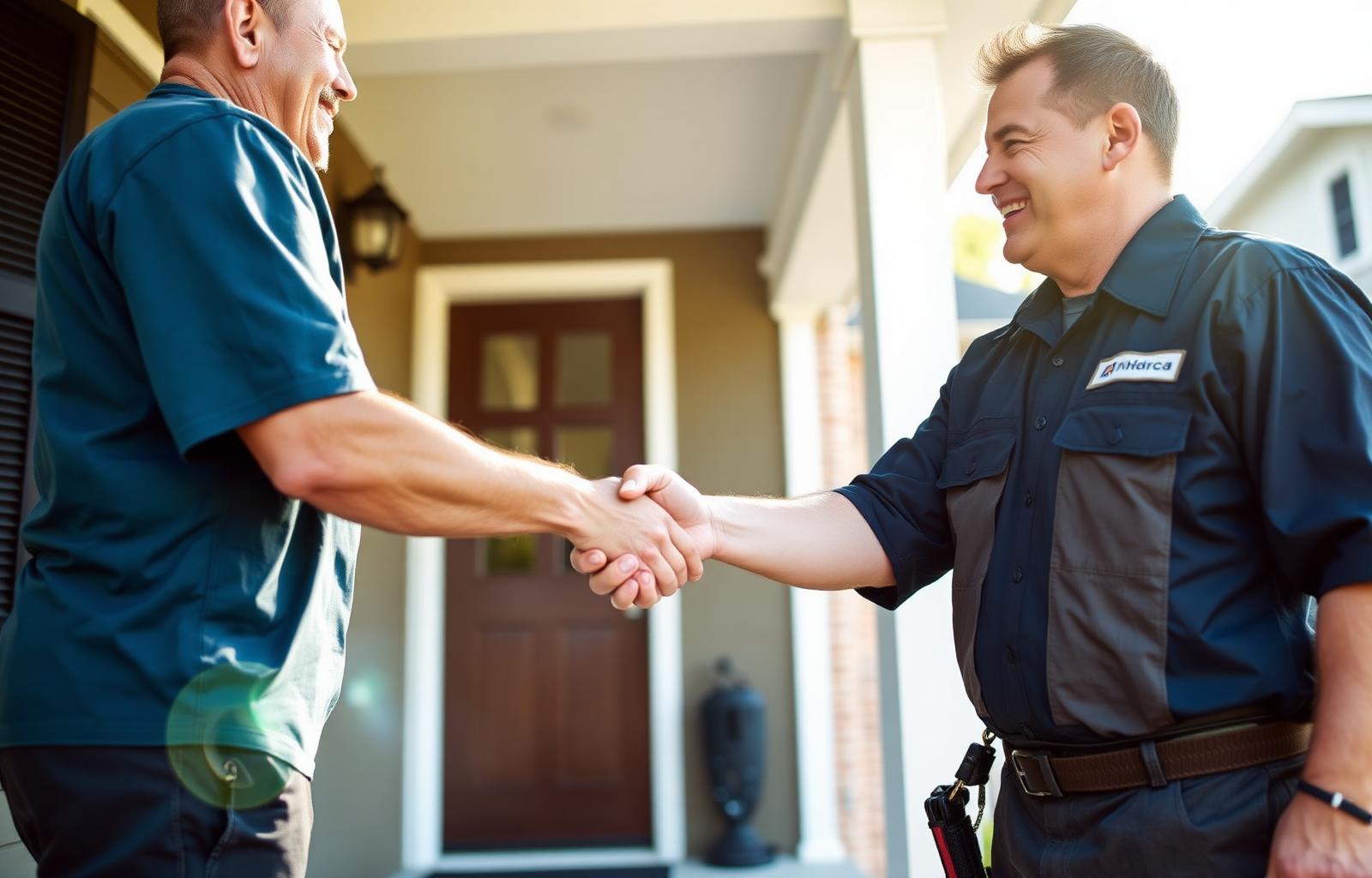 HVAC technician shaking hands with a homeowner on a residential front porch