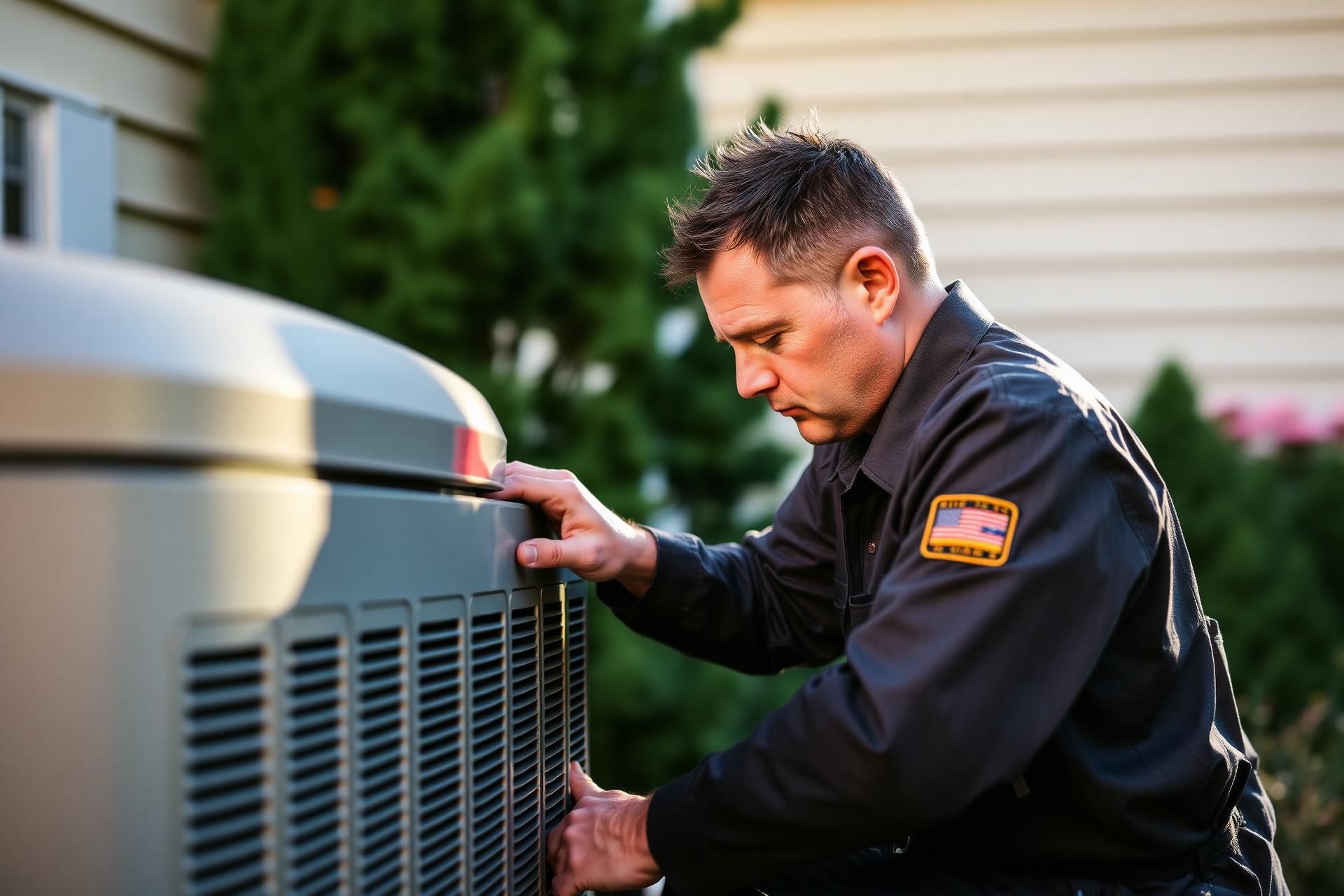 HVAC technician inspecting a residential condenser unit