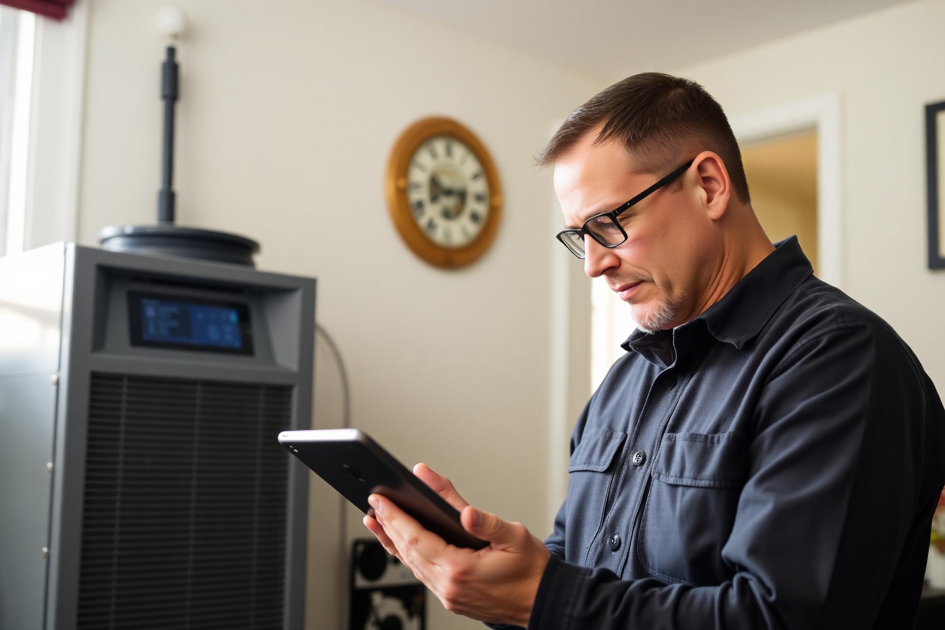 HVAC technician reviewing service details on a tablet inside a home