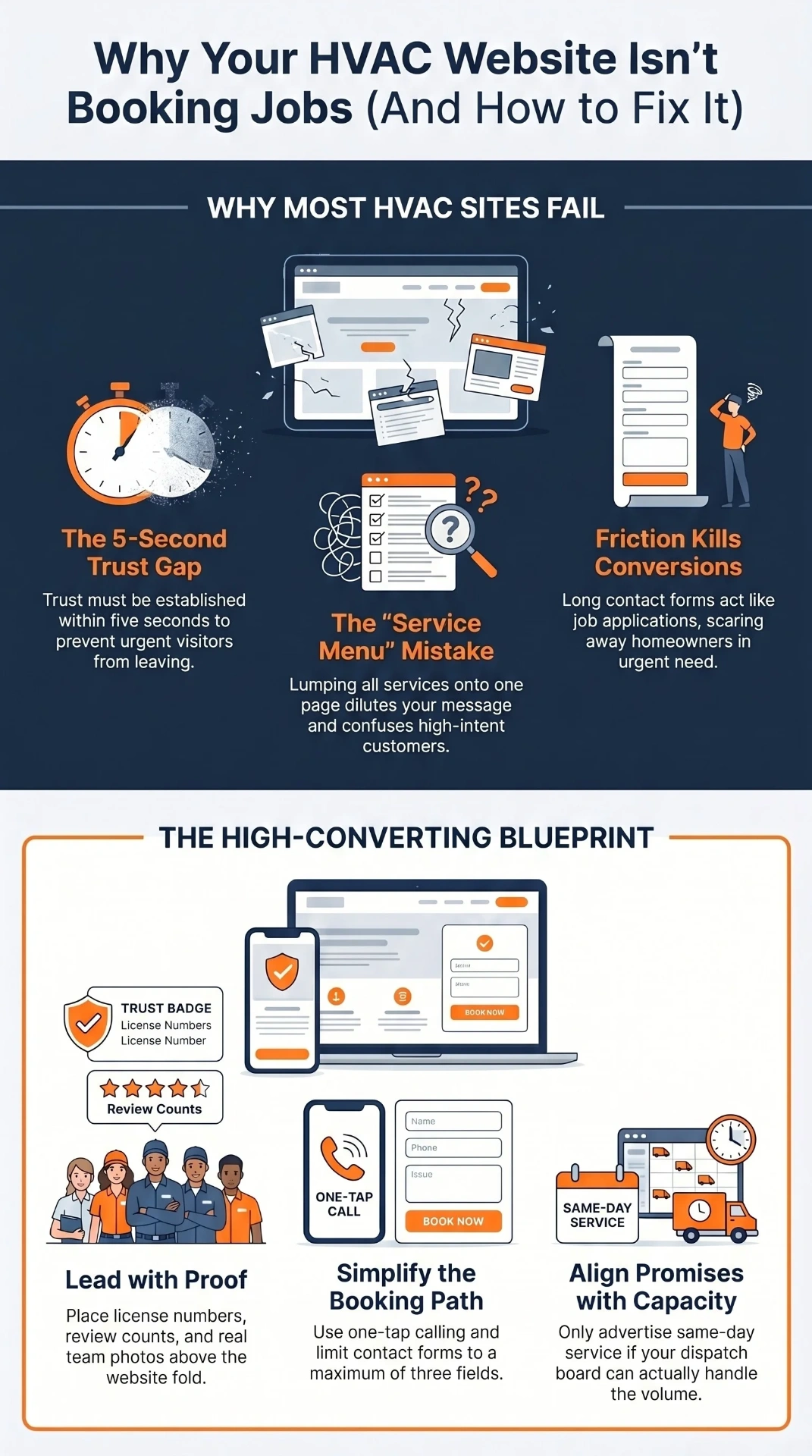 Infographic: Why your HVAC website isn't booking jobs and how to fix it, covering trust gaps, service menu mistakes, friction, and the high-converting blueprint