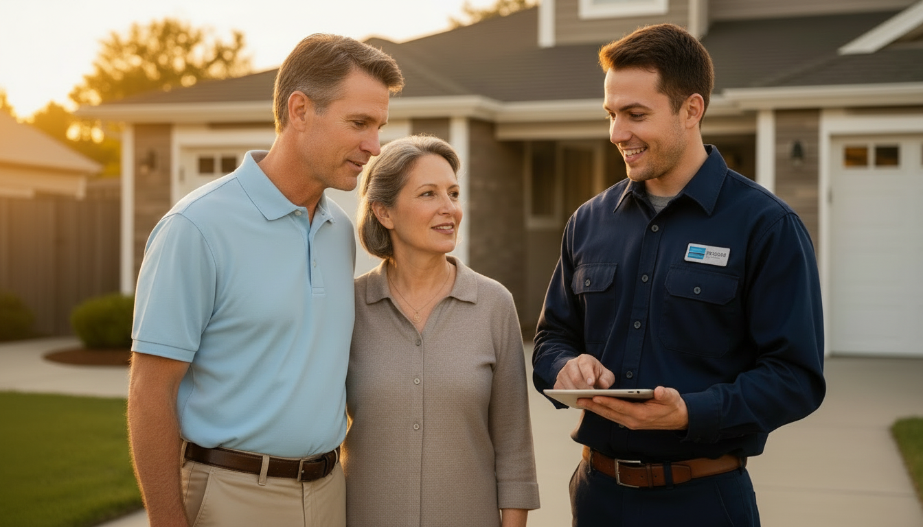 HVAC technician discussing service results with homeowners, iPad in hand