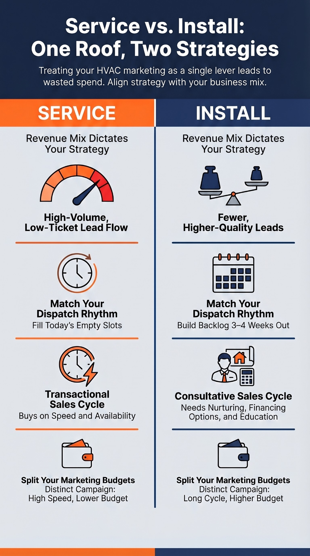 Service vs Install: One Roof, Two Strategies infographic comparing HVAC marketing approaches