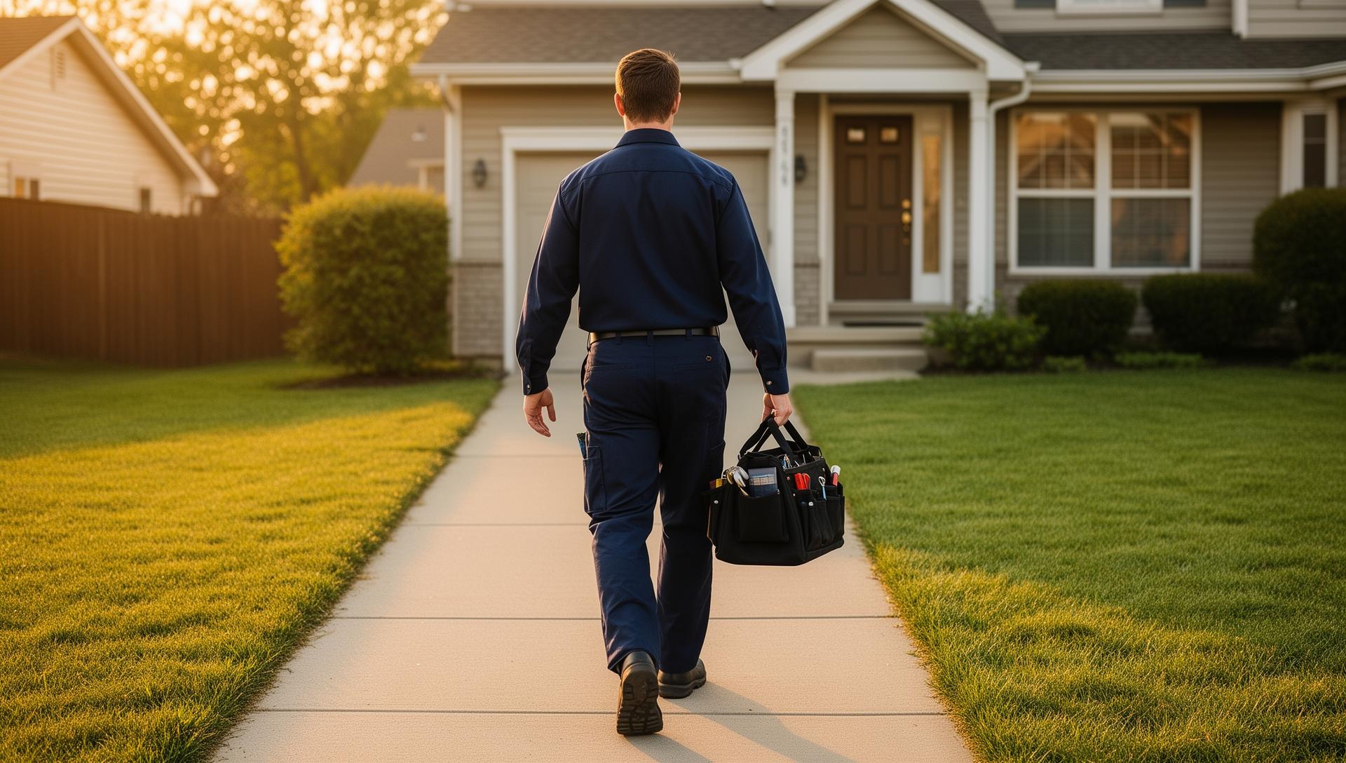 HVAC technician approaching a residential home for service
